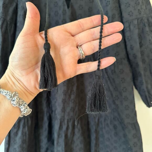 Brooks Brothers Black Daisy Eyelet Cotton Tiered Tassel Tie Neck Midi Dress 4 - Picture 7 of 10